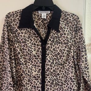 Rebecca Malone Beige and Black Leopard Print Button-Front Cotton Blouse